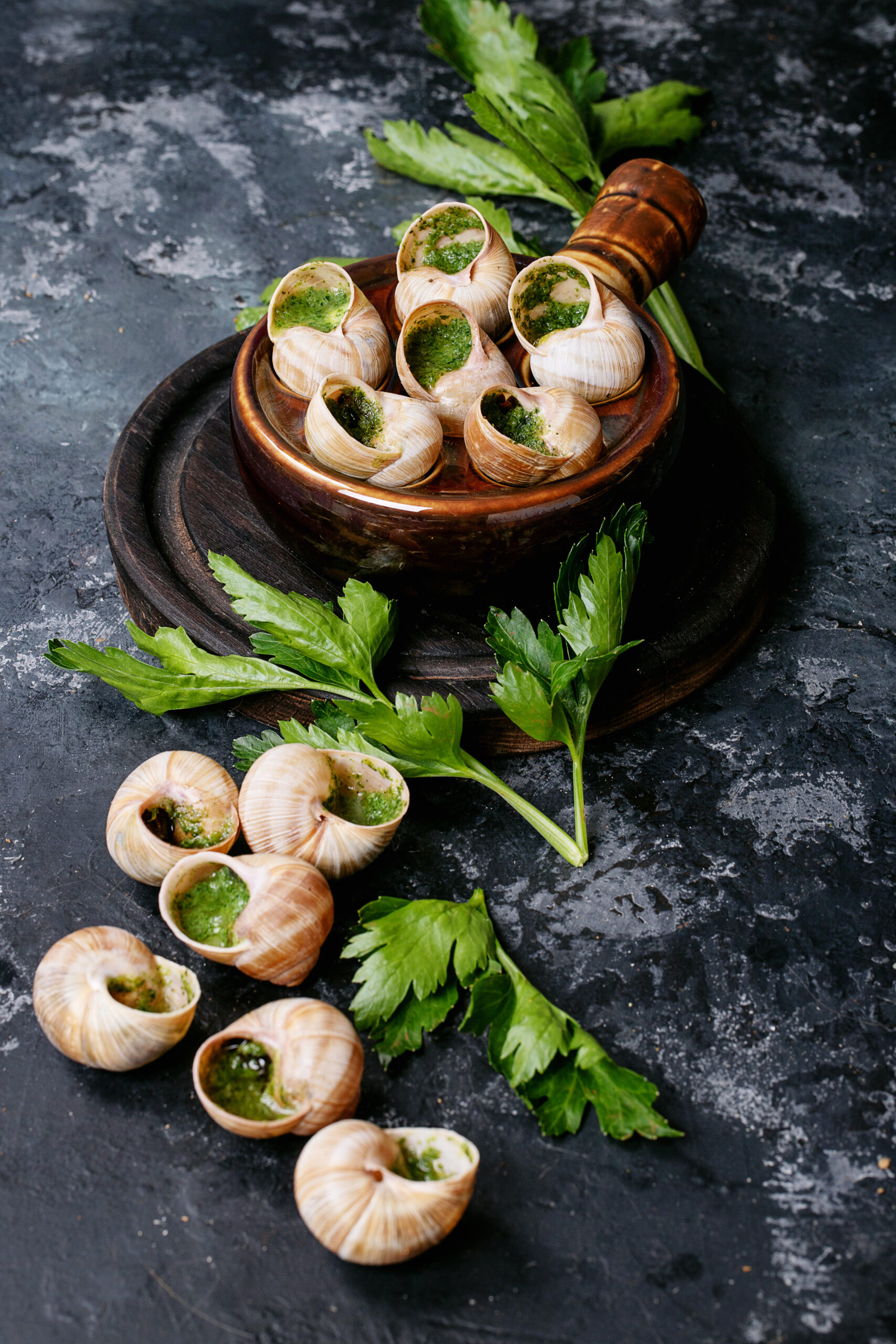 Baked snails with garlic butter and fresh herbs in a ceramic pan over dark texutre background. Top view, flat lay. Copy space
